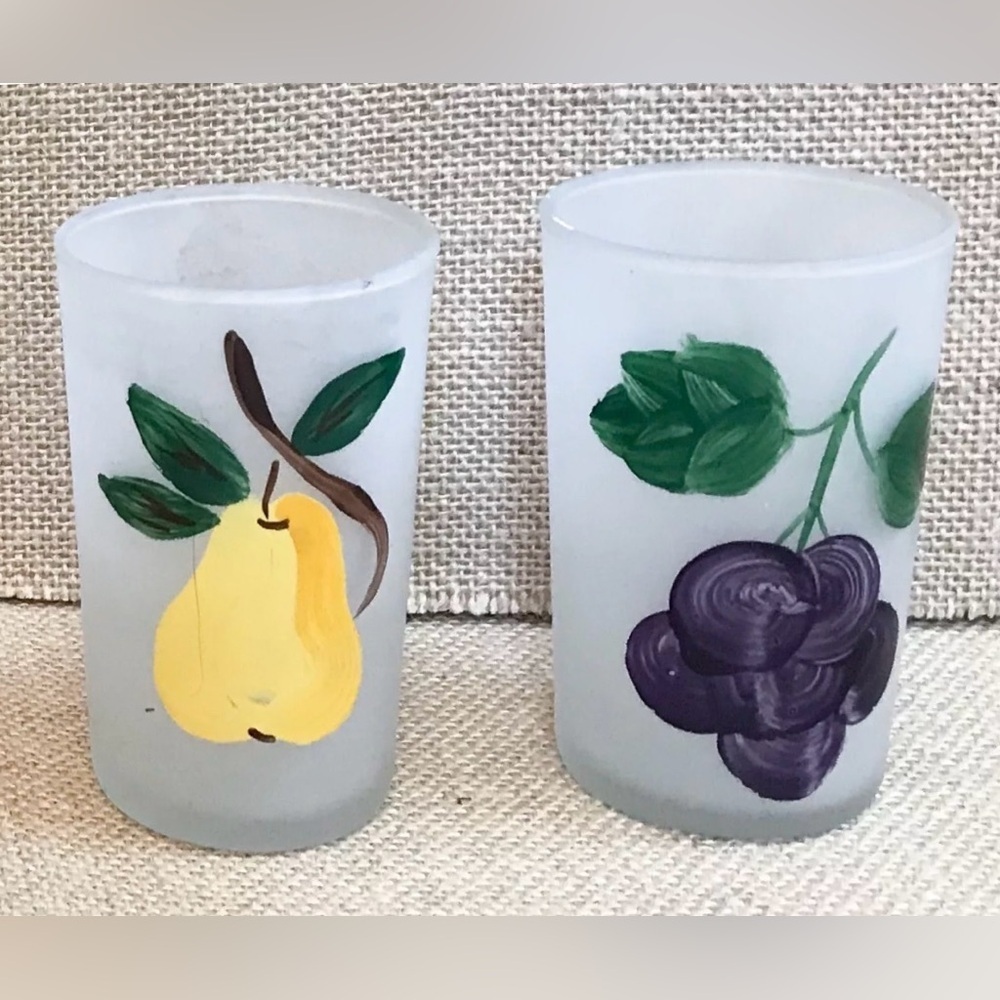 Vintage Hand Painted Fruit Frosted Juice Glass Set Whimsical Novelty Mid Century